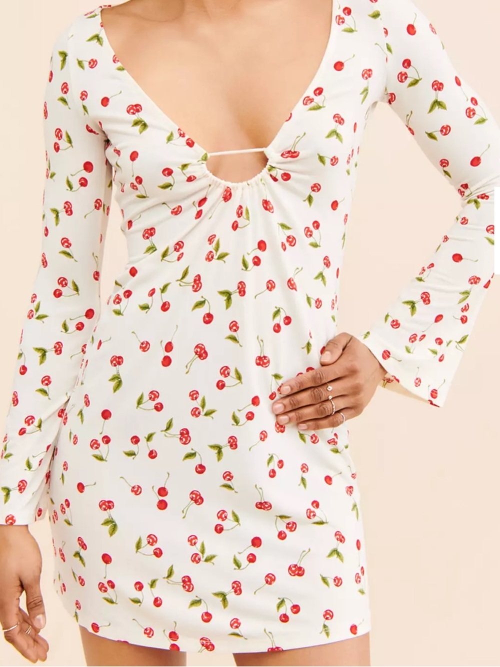 Urban Outfitters White Long-Sleeve Cherry Print Dress
